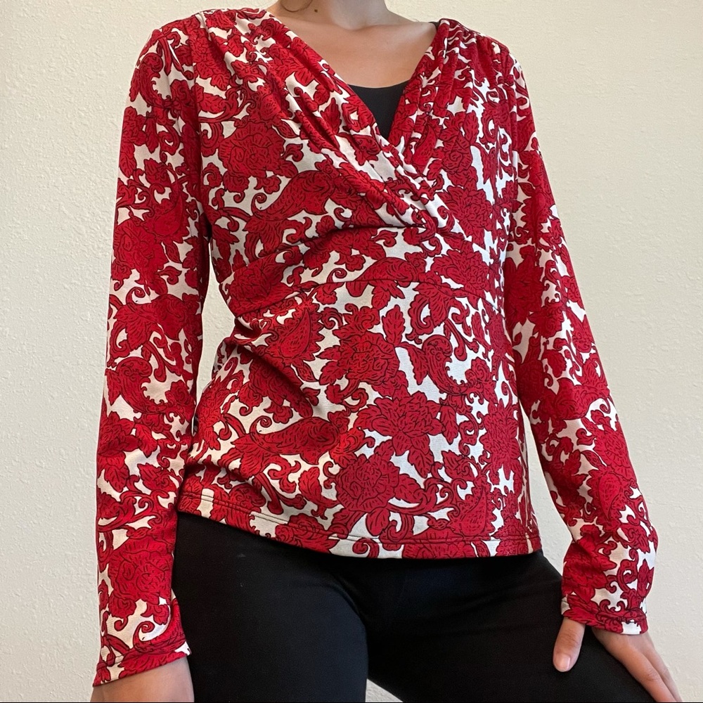 Charter Club Woman’s Long Sleeve Red Floral V Neck Blouse